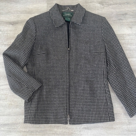 Ralph Lauren Blazer Jacket Lambs Wool Tweed Zip Equestrian Houndstooth Size 8 - Picture 1 of 8